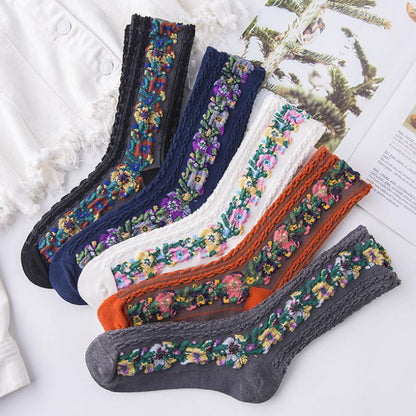 Vintage Embroidered Floral Socks (5 pairs)